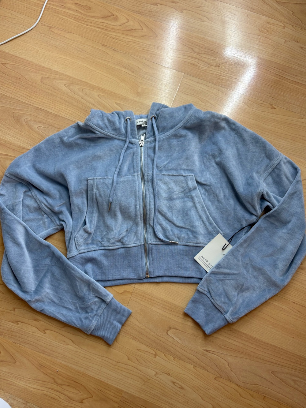Light Blue Cropped Hooded Velvet Zip-Up Sweatshirt